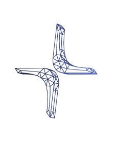 Abstract digital illustration of a blue geometric triangular bird in flight on a white background.