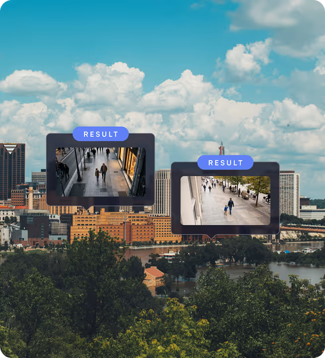 Cityscape with two inset images labeled RESULT showing pedestrians walking on urban sidewalks.