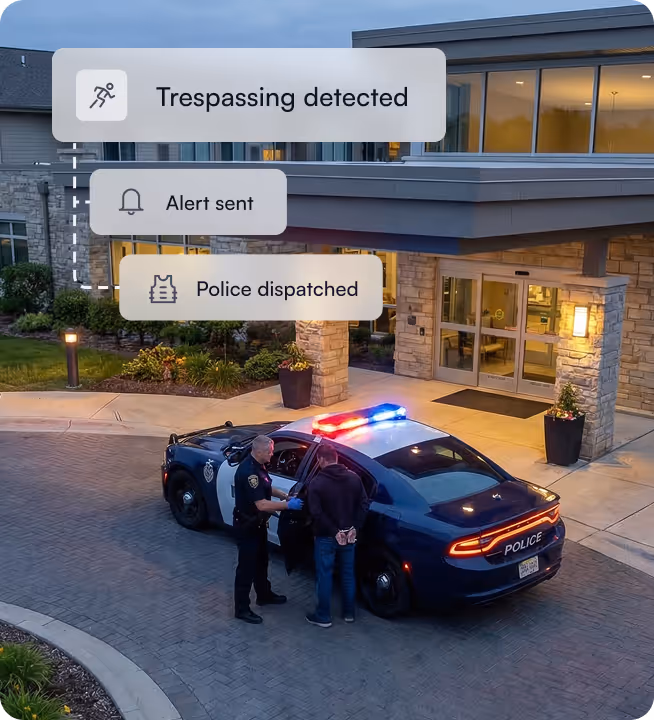 Police officer handcuffing a man next to a police car with flashing lights in front of a building, with overlaid notifications saying 'Trespassing detected,' 'Alert sent,' and 'Police dispatched.'