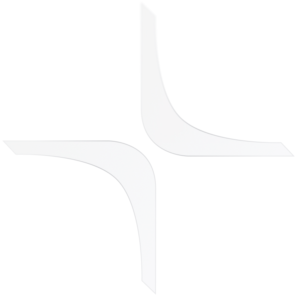 Abstract logo with two curved, dark blue shapes forming a corner pointing inward on a transparent background.