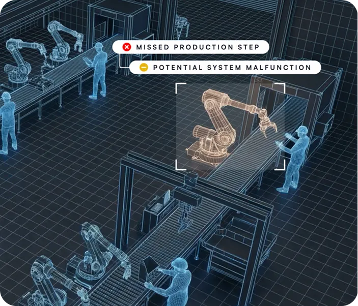 Digital factory assembly line with robotic arms and human figures in blue hologram style, highlighting a robotic arm with alerts for missed production step and potential system malfunction.