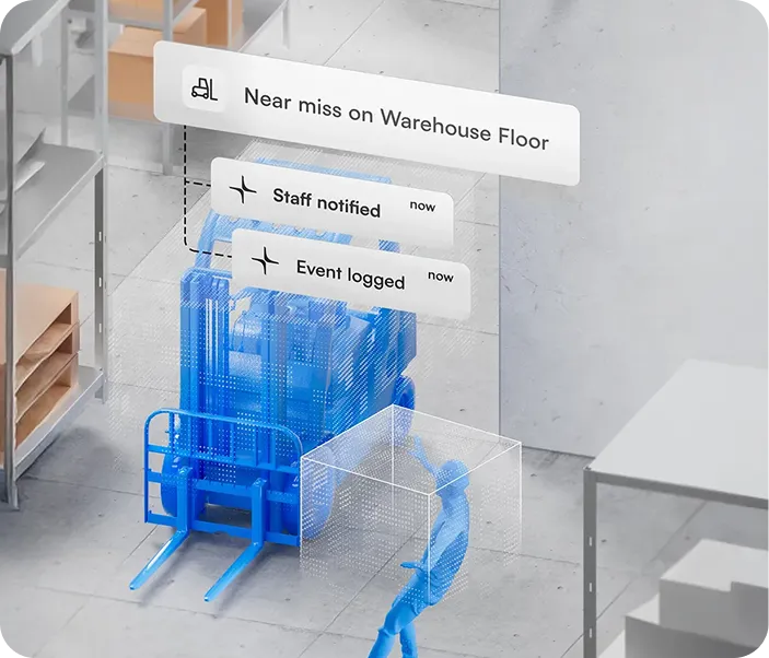 3D illustration of a warehouse forklift near a person with notifications indicating a near miss on warehouse floor, staff notified, and event logged.