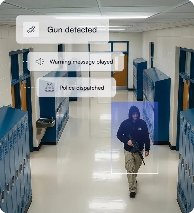 Man carrying a gun walking in a school hallway with detection alerts indicating gun detected, warning message played, and police dispatched.