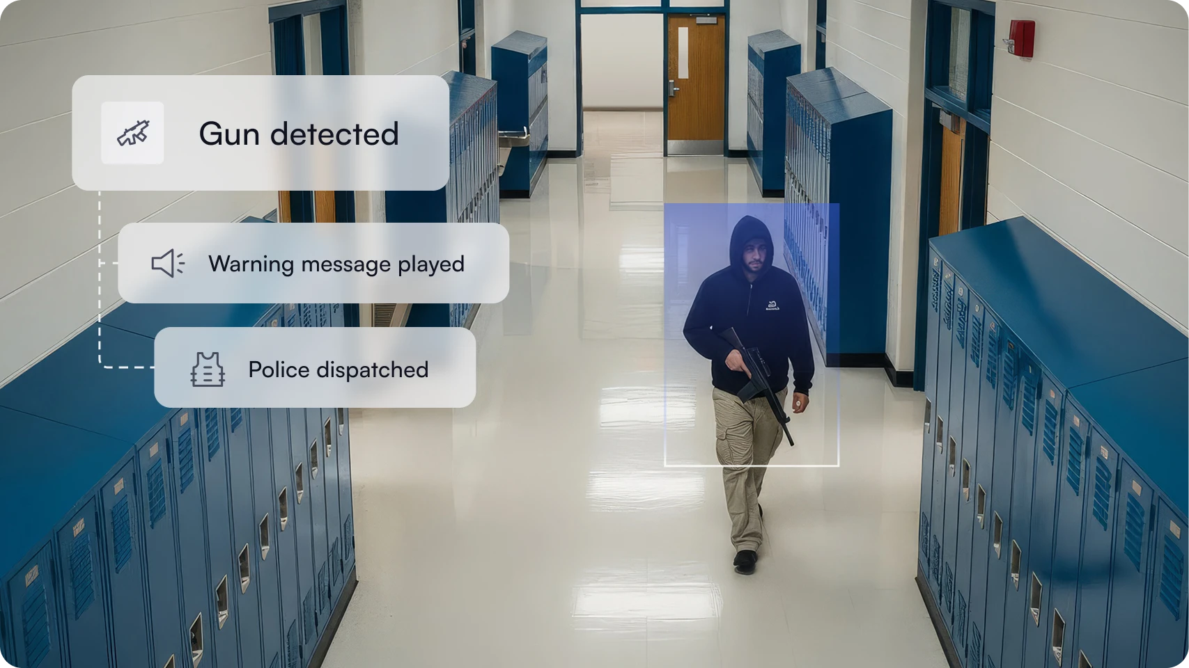 Man in a black hoodie carrying a gun walking down a school hallway with blue lockers, detected by security system triggering alerts.