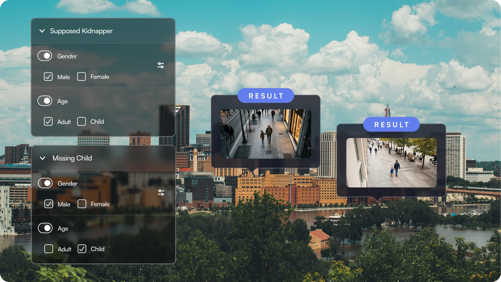 User interface showing filters for supposed kidnapper and missing child gender and age, alongside result images of an adult man with a child walking on city sidewalks.