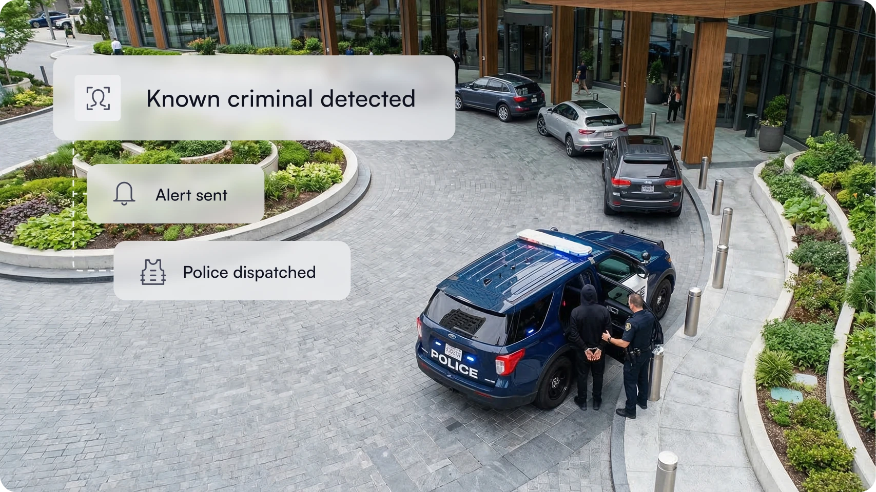 Police officer arresting an individual near a police SUV in front of a building with notifications indicating a known criminal detected, alert sent, and police dispatched.