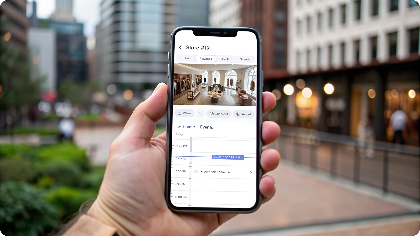 Smartphone displaying a retail store security app showing playback of an event with a detected known thief at Store #19.