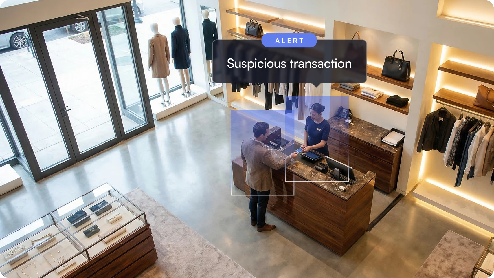 Man making a payment at a clothing store counter with a saleswoman, overlaid with an alert message saying Suspicious transaction.