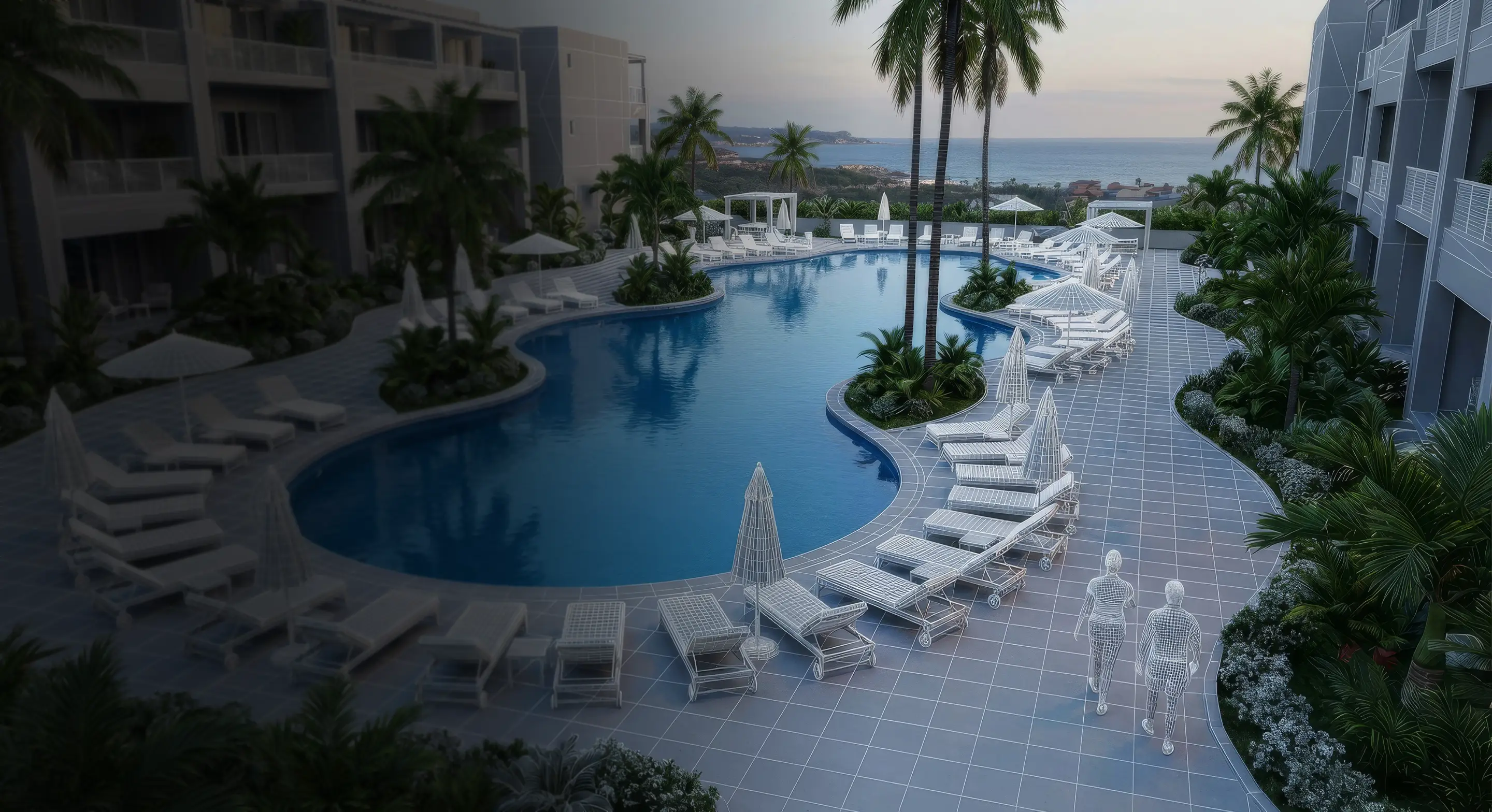 Curved outdoor pool with white lounge chairs and umbrellas, surrounded by palm trees and buildings, overlooking a coastal landscape.