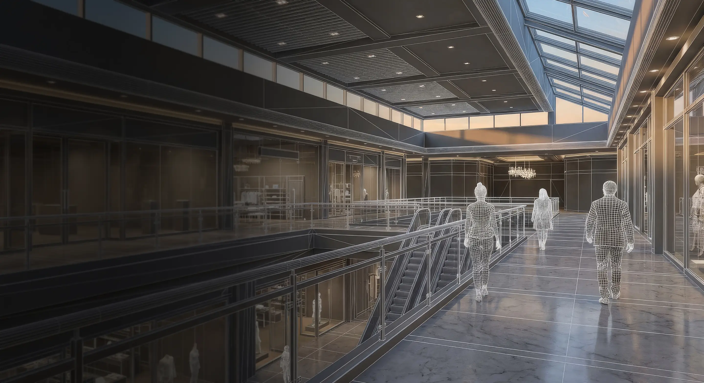 Digital architectural rendering of a modern shopping mall interior with wireframe figures walking and skylight ceiling.