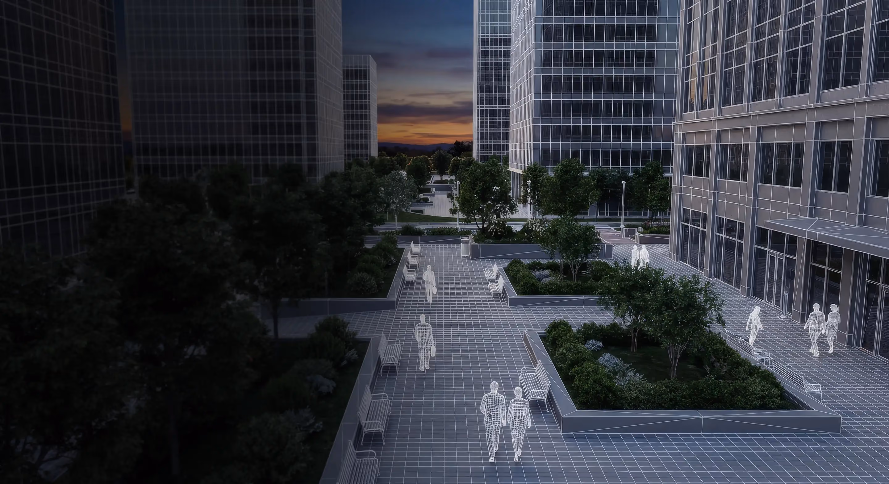 Digital wireframe rendering of a modern urban plaza with glass buildings, trees, benches, and wireframe figures walking.