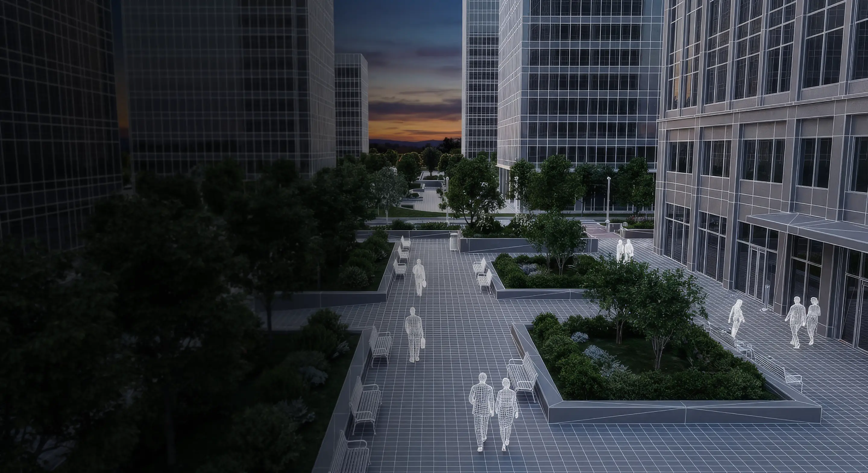 Digital wireframe rendering of a modern urban plaza with glass buildings, trees, benches, and wireframe figures walking.