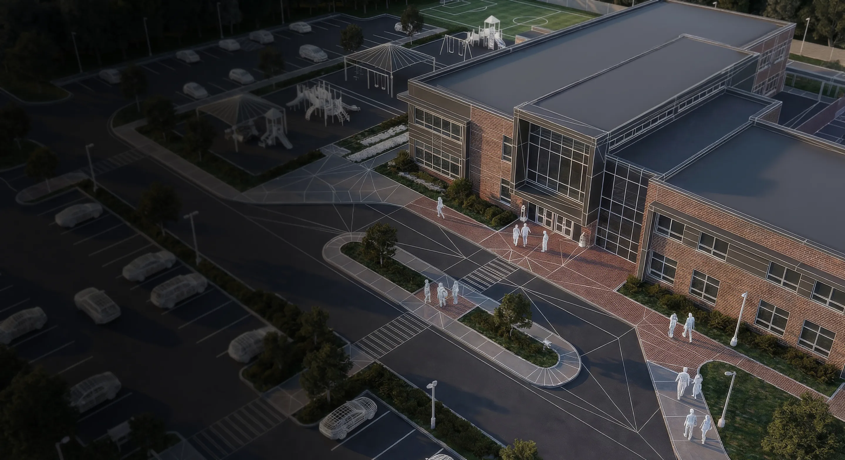 Aerial view of a modern two-story brick building with parking lots, playground, and digitally overlaid wireframe outlines of people and cars.