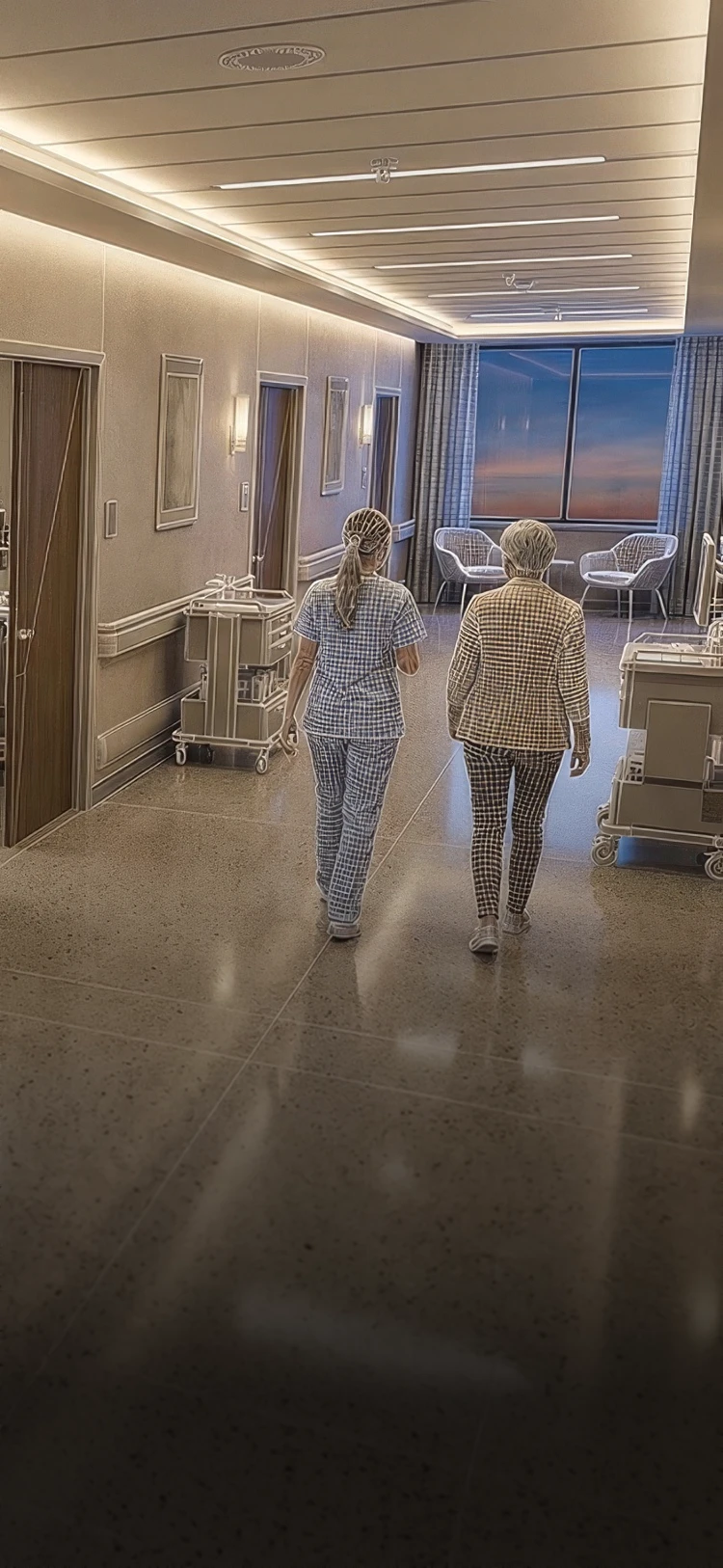 Two people walking down a hospital corridor, one in medical scrubs and the other in casual clothes, with chairs visible near a large window at the end.