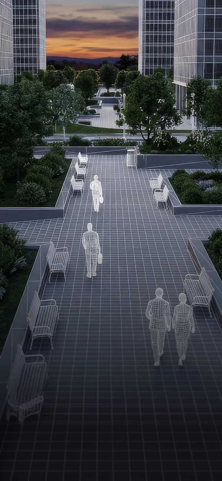 Digital wireframe figures walking along a grid-patterned plaza with benches, surrounded by trees and tall modern buildings at sunset.