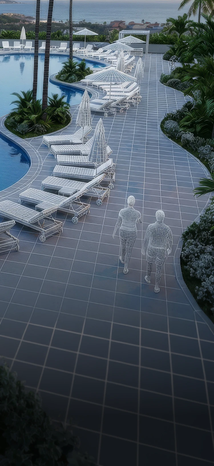 View of an empty poolside with lounge chairs, umbrellas, palm trees, and two wireframe figures walking on a tiled pathway by the ocean.