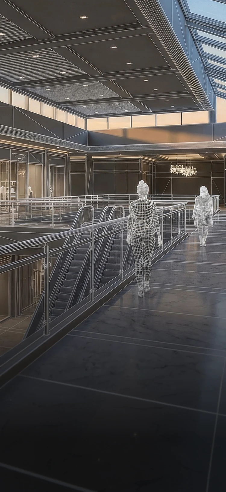 Wireframe render of a modern interior with escalators, glass railings, and two humanoid figures walking on a mezzanine level.
