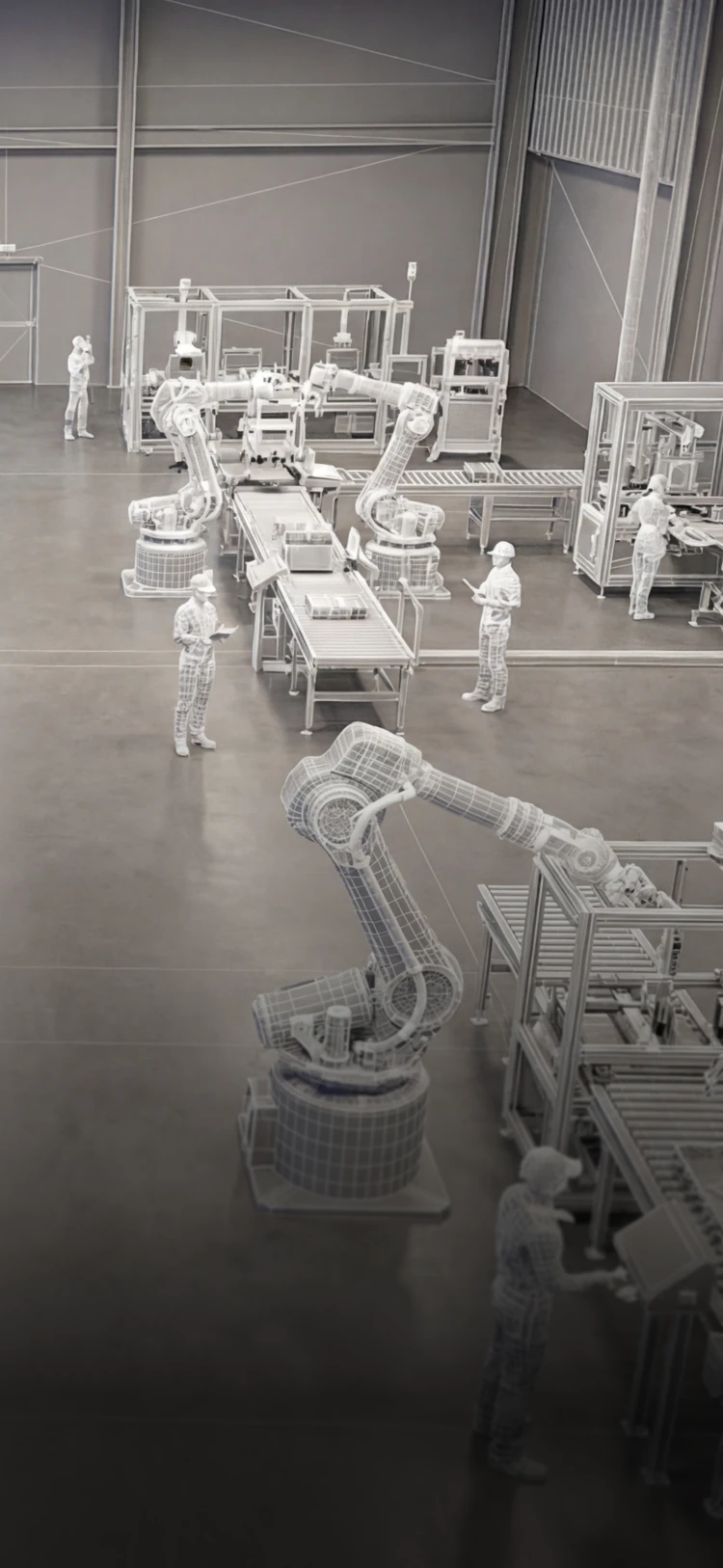 Wireframe illustration of a factory floor with robotic arms, conveyor belts, and workers wearing helmets using tablets.