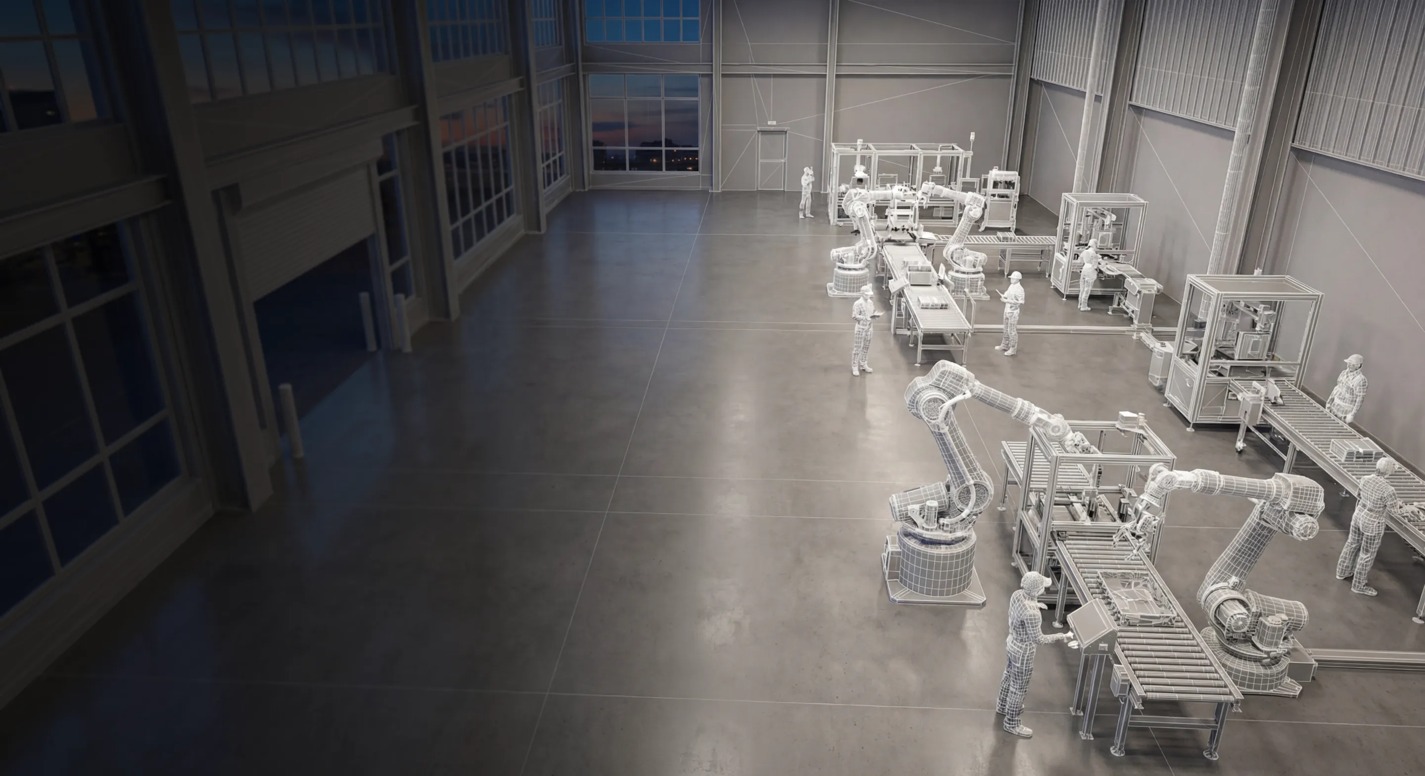 Digital wireframe rendering of an automated factory floor with robotic arms and human figures working on conveyor belts.