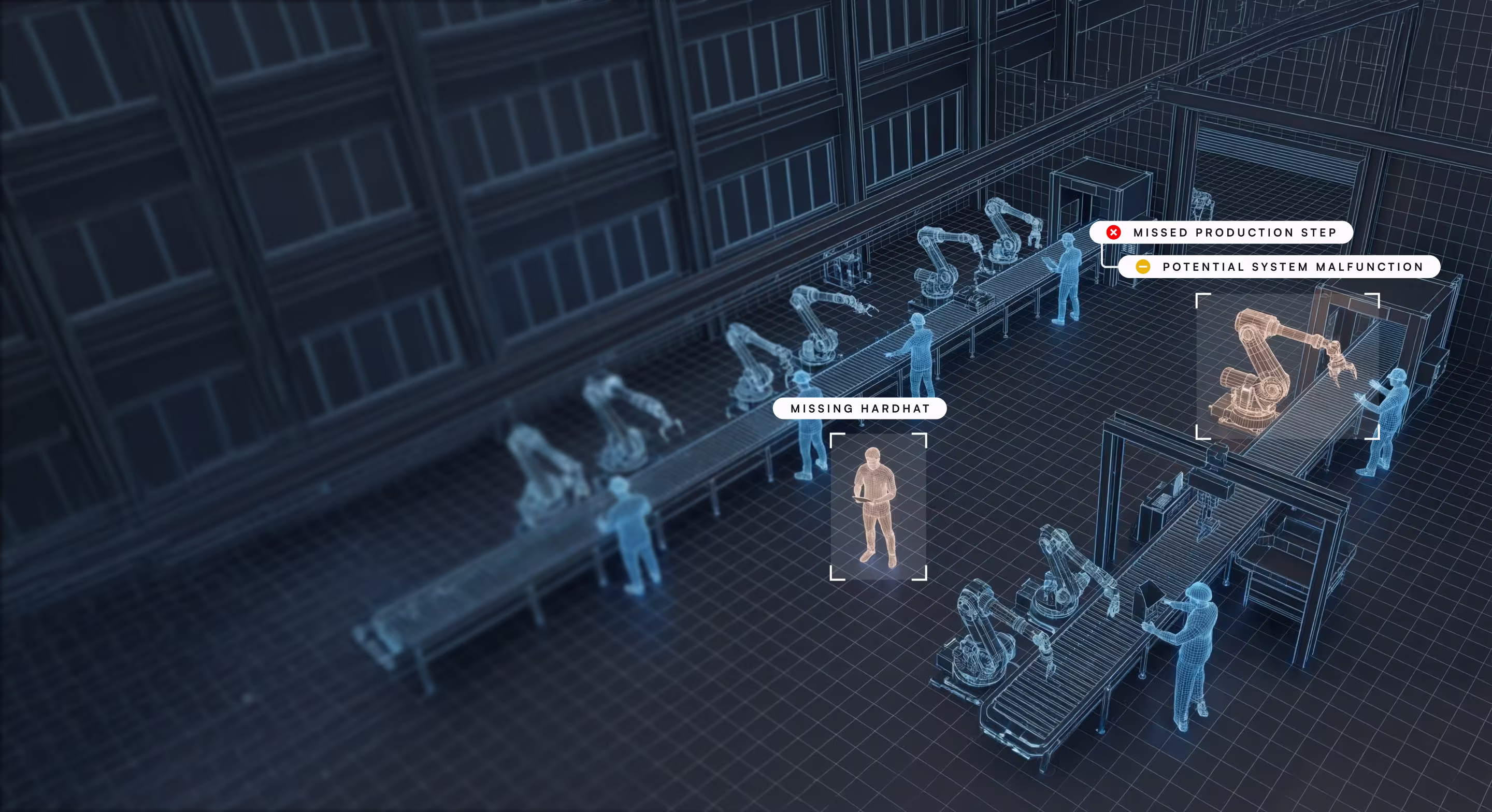 Digital blueprint of a factory floor showing robotic arms on conveyor belts and workers, highlighting a missing hardhat and production system alerts.