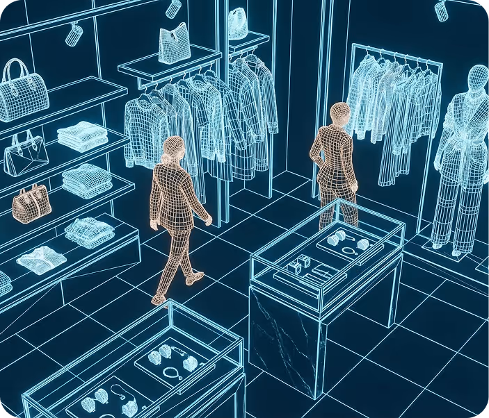 3D wireframe rendering of a retail store interior showing clothing racks, shelves with folded clothes and handbags, display cases with accessories, and two human figures walking inside.