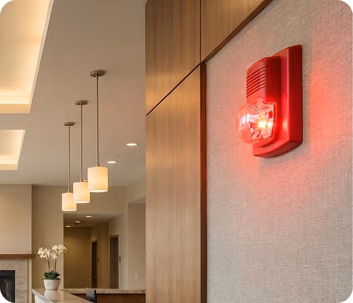 Red fire alarm with flashing light mounted on a beige wall in a modern room with hanging pendant lights and a white orchid on a counter.