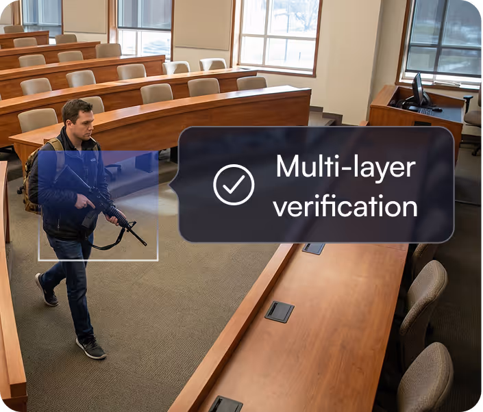 Male carrying a rifle in an empty classroom with overlay text saying Multi-layer verification and a checkmark.
