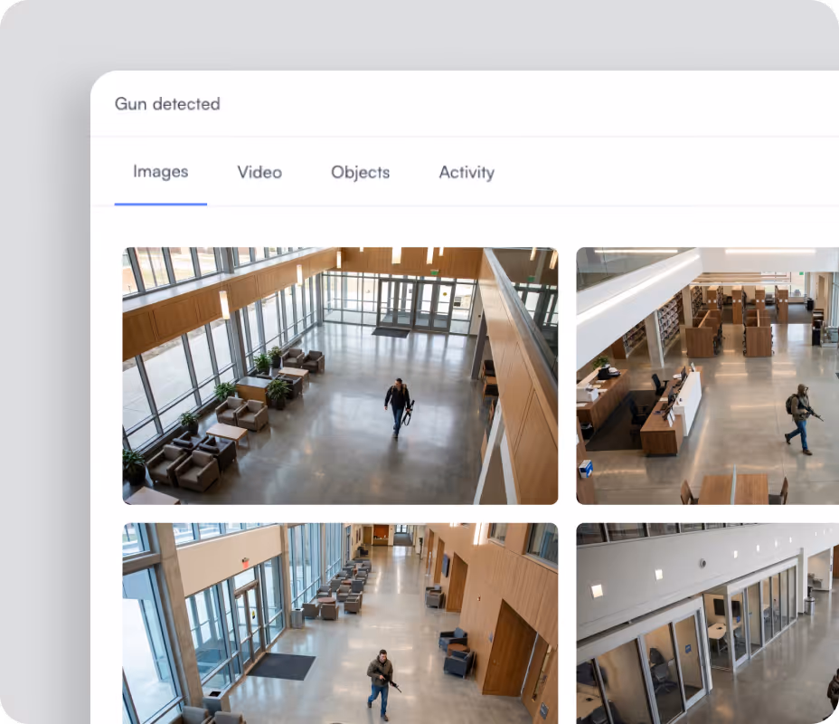 Surveillance camera images showing a man carrying a gun in a modern building lobby and hallway.