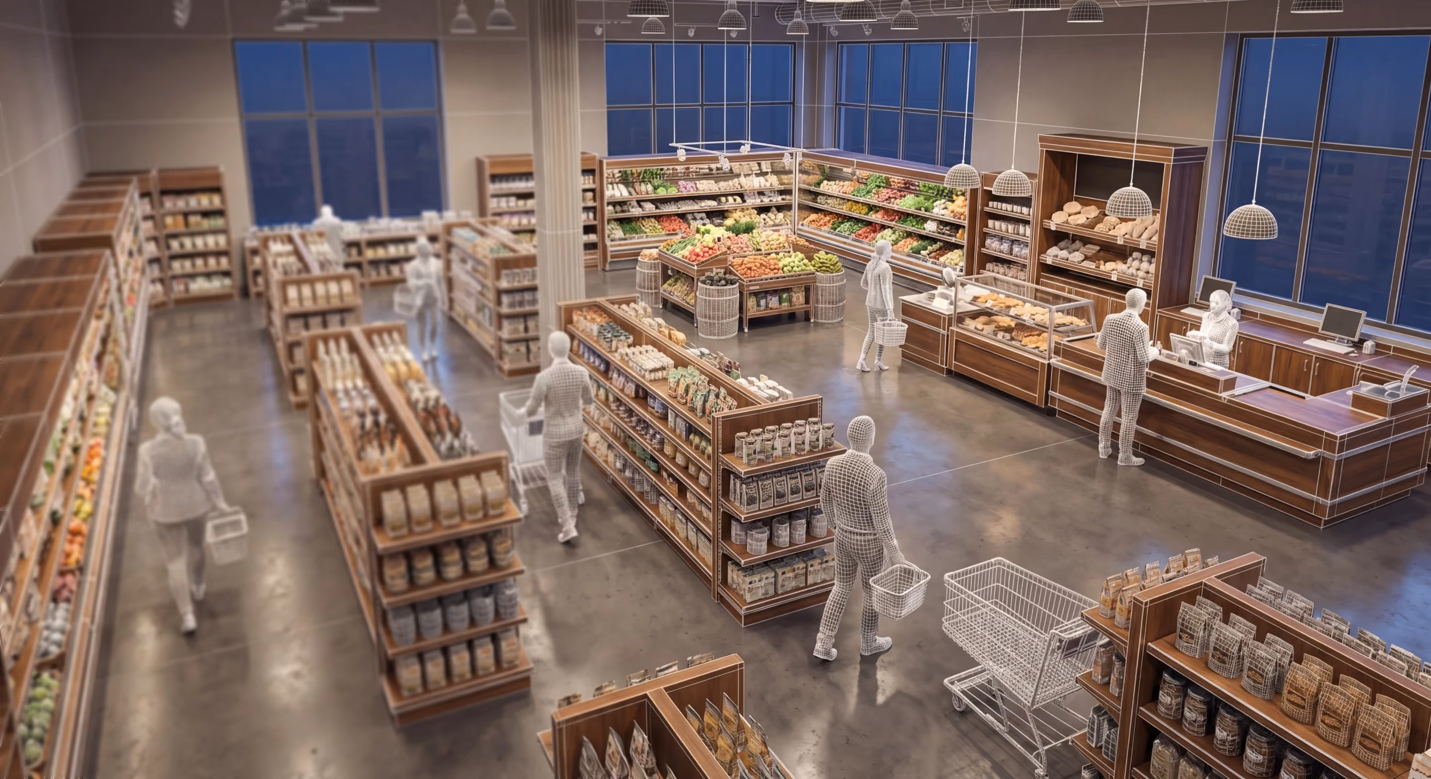 Modern grocery store interior with shelves, produce section, bakery counter, and shoppers.