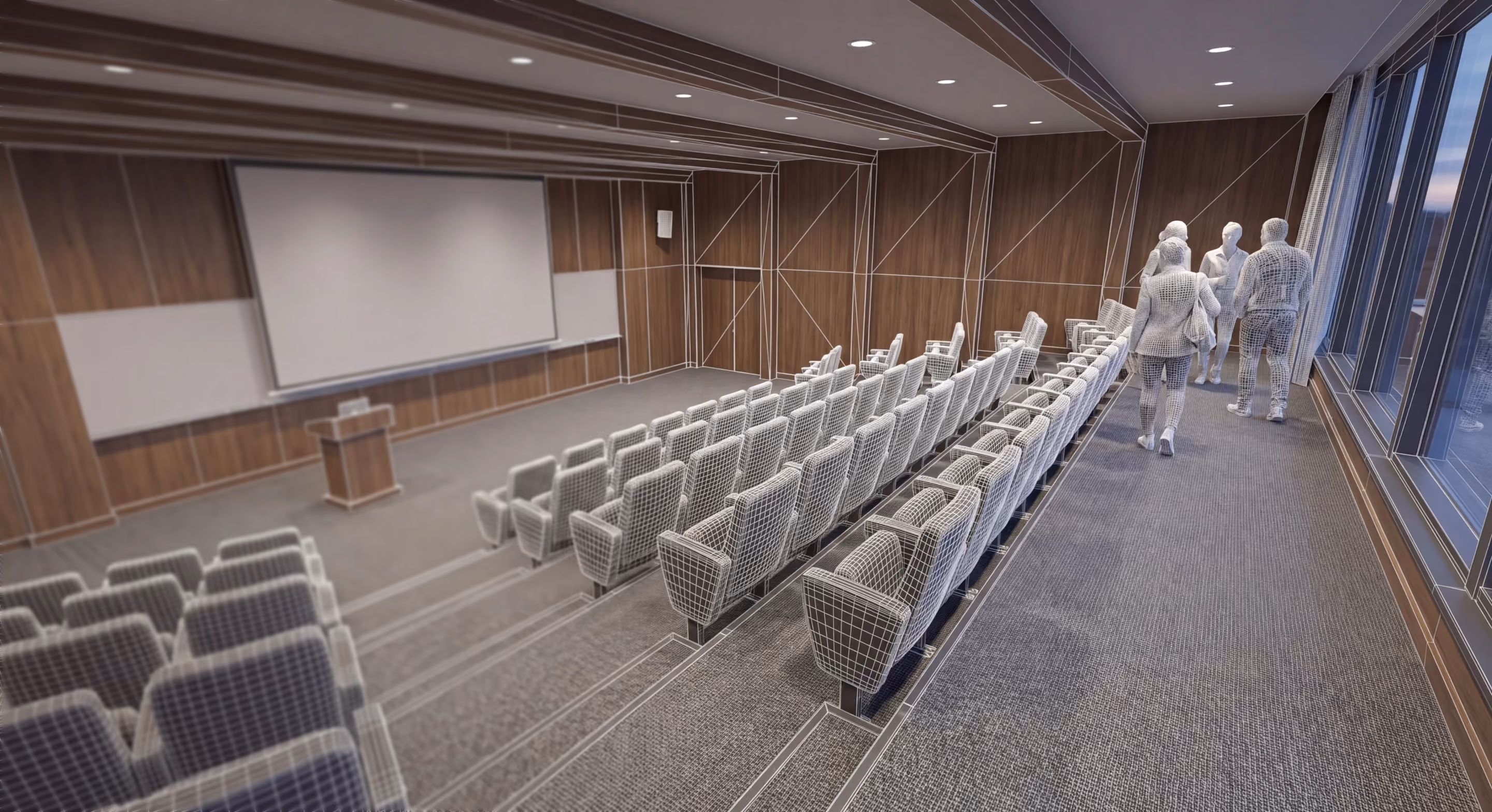Modern lecture hall with tiered seating, wood walls, projector screen, and wireframe figures near windows.