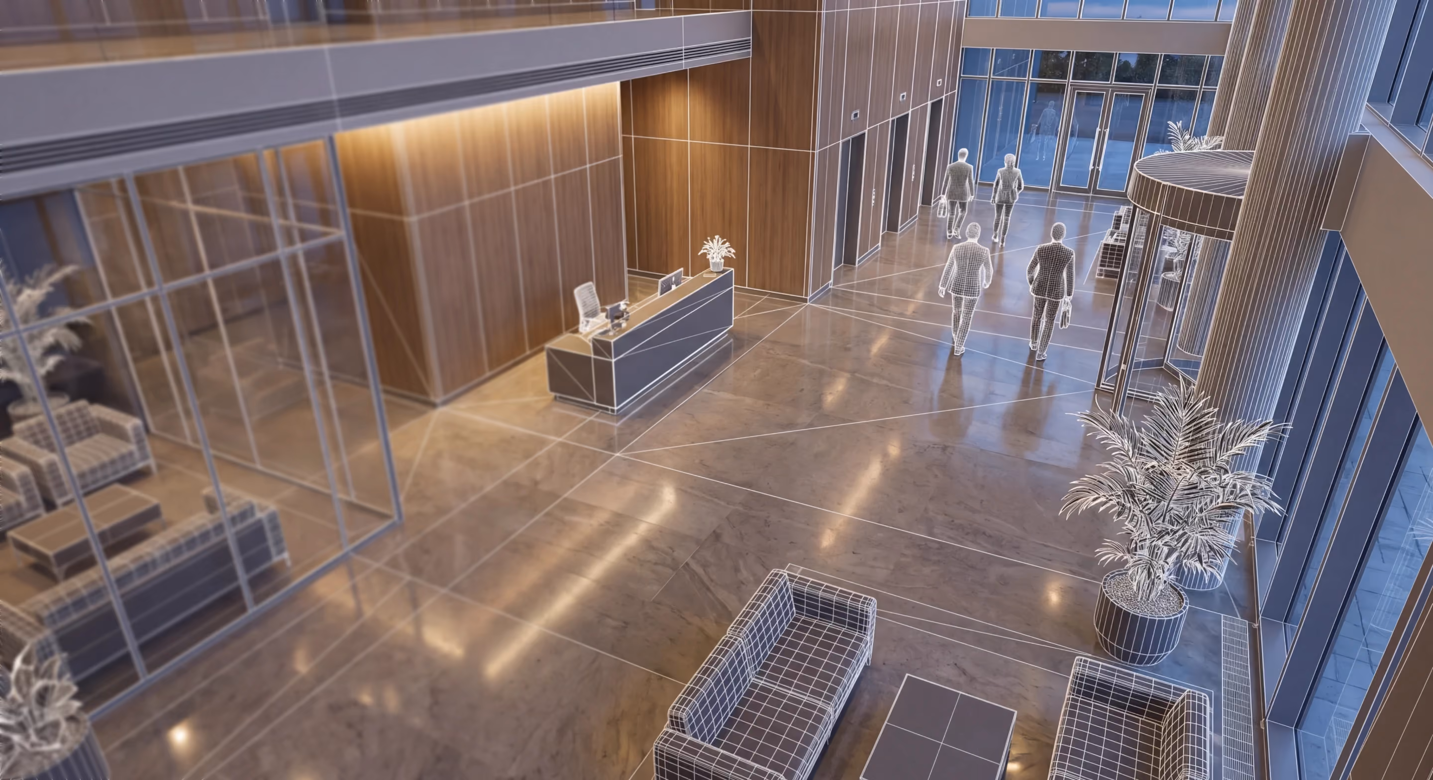 Modern office lobby with reception desk, seating area, large windows, and four people walking toward exit.