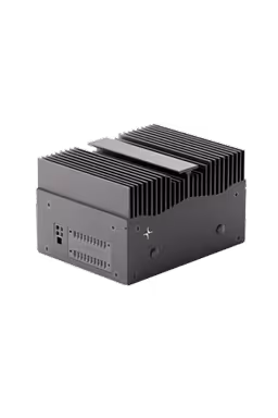 Black rectangular electronic device with cooling vents and ports on a white background.