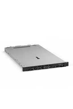 Slim black and gray 1U rack server with ventilation grilles and front panel ports.