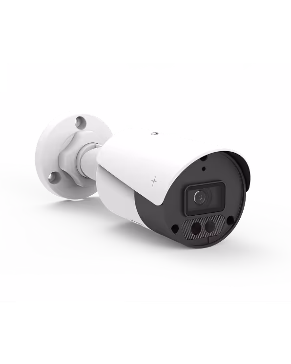 White bullet security camera with black front mounted on a swivel bracket.