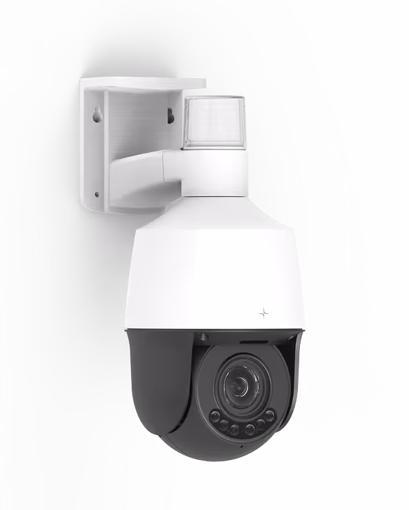 White and black wall-mounted outdoor security camera with a protective dome and lens.