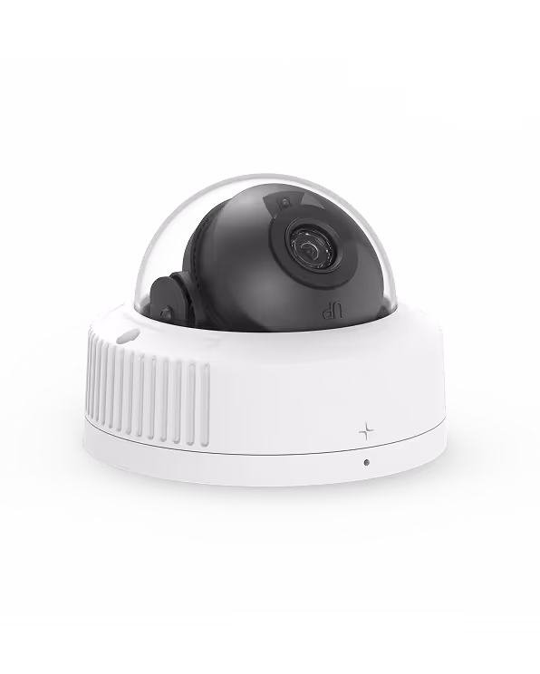 White dome security camera with a black lens inside a clear protective cover.
