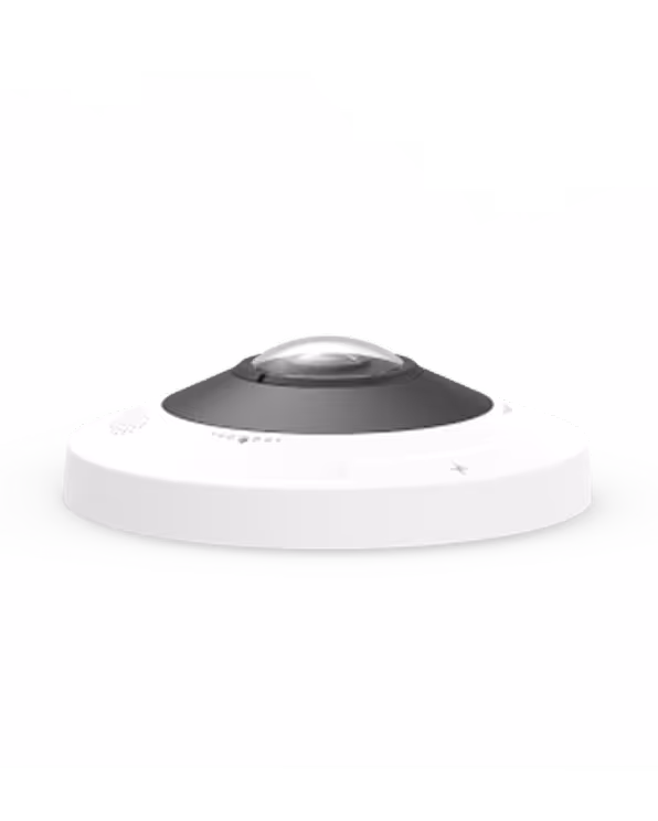 White round security fisheye camera with a black dome lens in the center on a white background.