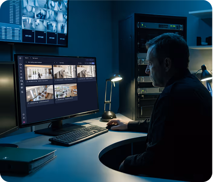 Man monitors security camera feeds on dual screens in a dimly lit control room with server racks.