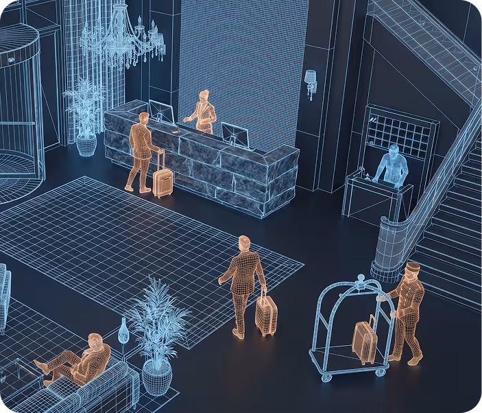 Wireframe of a hotel lobby with guests checking in, a bellhop with luggage trolley, and seating area.