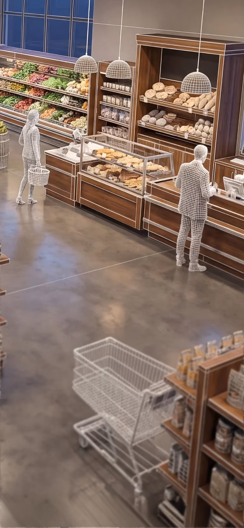 Grocery store aisle with displays of fresh produce, bakery items, and two shoppers with baskets.