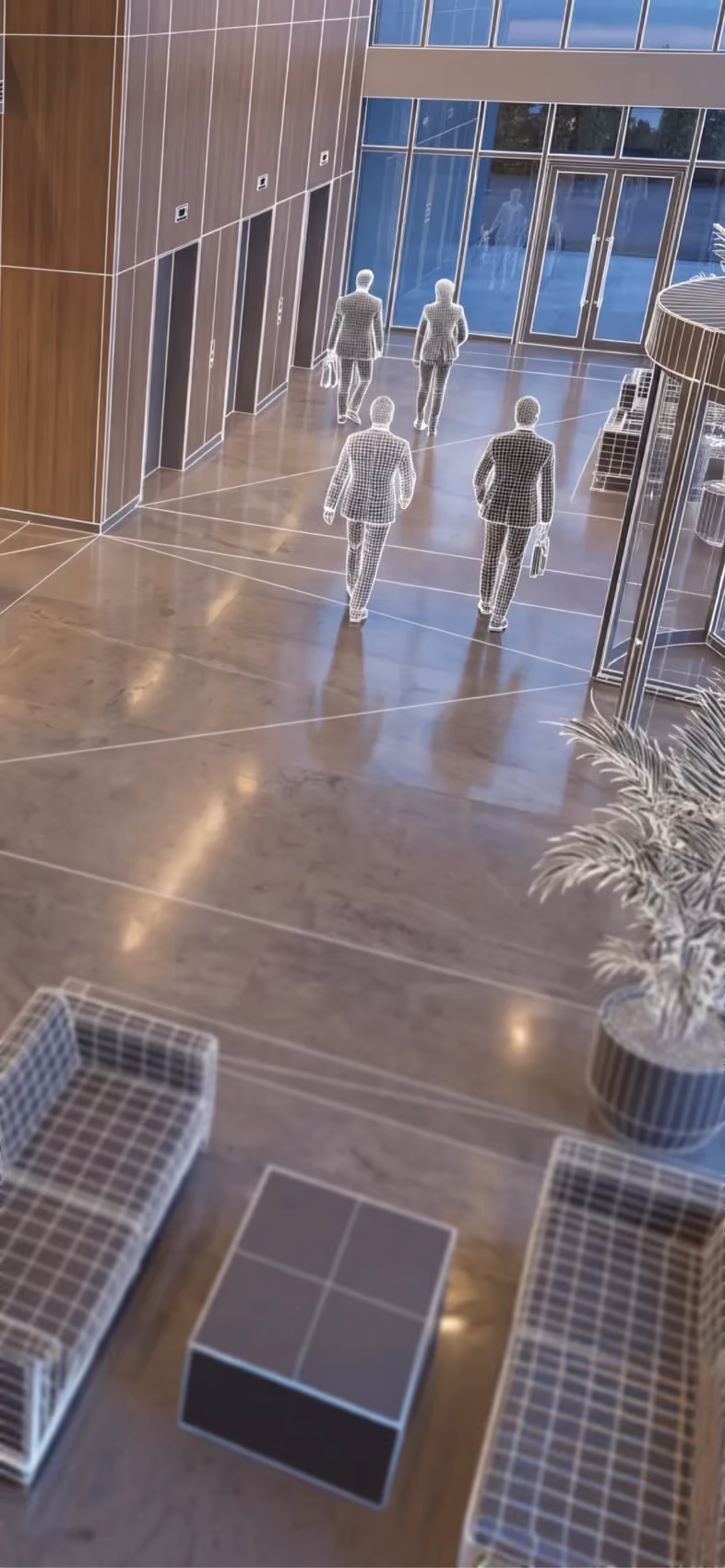 Wireframe figures of four business people walking through a modern office lobby with furniture and plants.