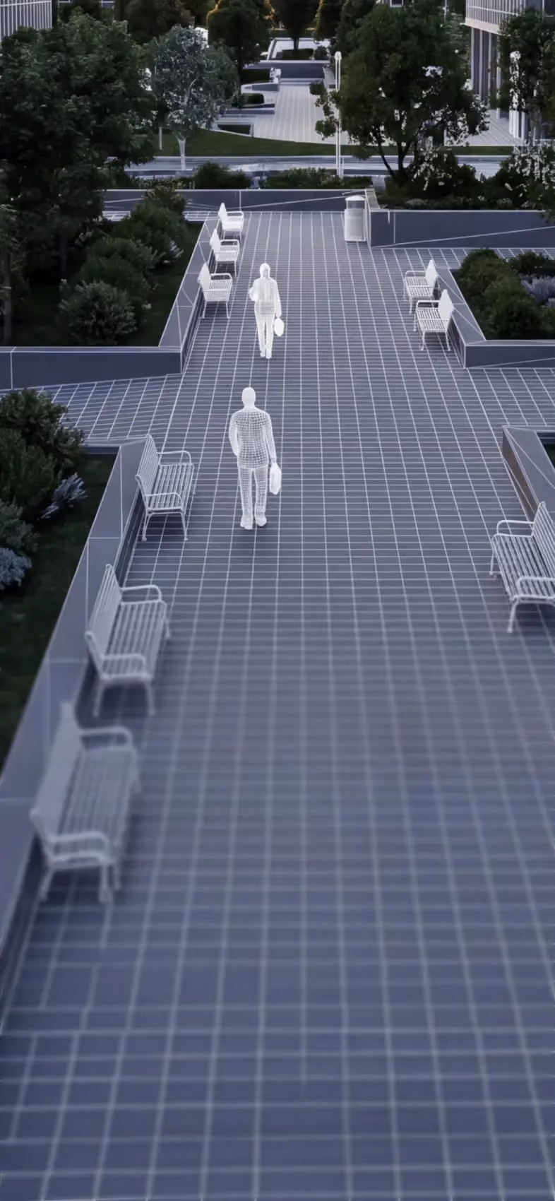 Digital rendering of an outdoor park walkway with benches and two wireframe human figures walking.