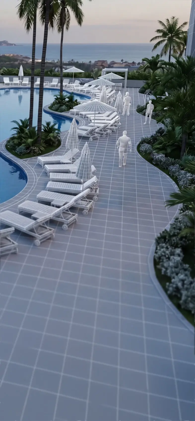 Poolside with lounge chairs, umbrellas, palm trees, and people walking near ocean view at sunset.