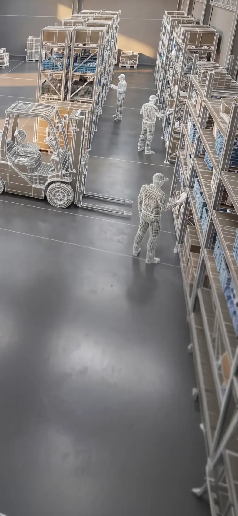 Warehouse scene with forklift and three wireframe workers scanning inventory on shelves.