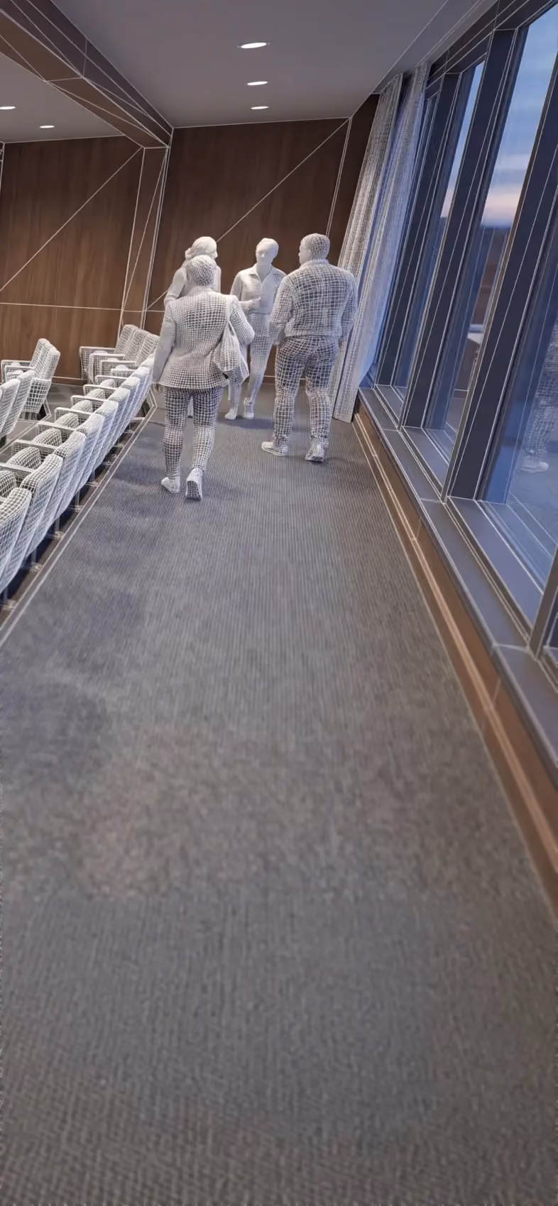Four wireframe figures walking in a carpeted corridor beside large windows and theater seats.