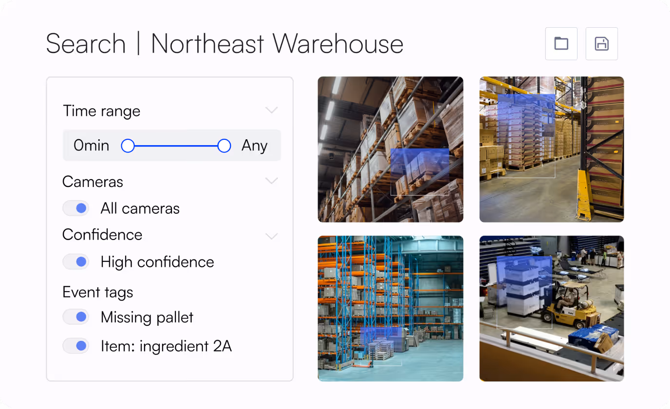 Warehouse search interface with filters and four images highlighting pallets with missing items.
