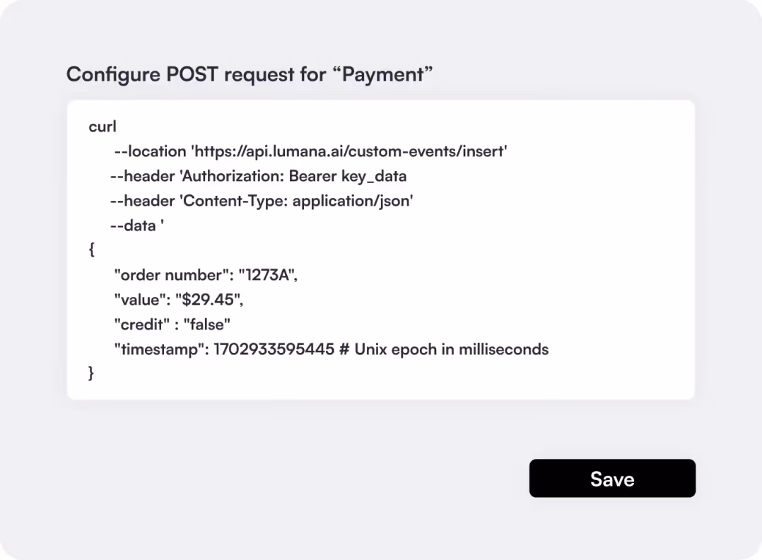 Example curl command configuring POST request for payment with order number, value, credit, and timestamp JSON data.