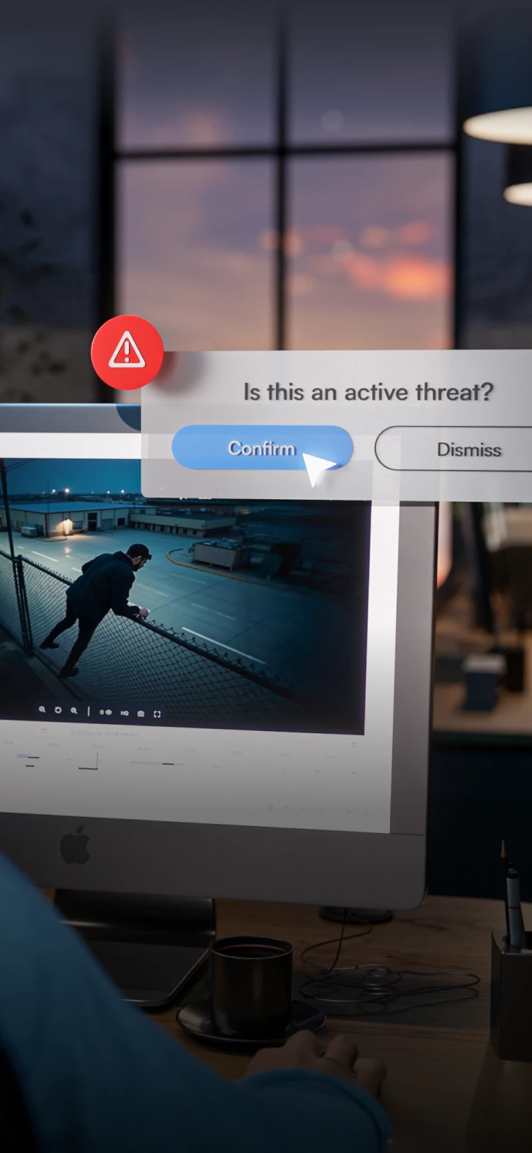 Security monitor shows a person climbing a fence with alert asking, 'Is this an active threat?' with confirm option.