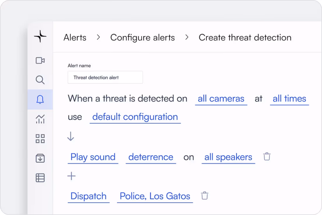 Alert setup screen for threat detection using all cameras, all times, sound deterrence, and police dispatch.