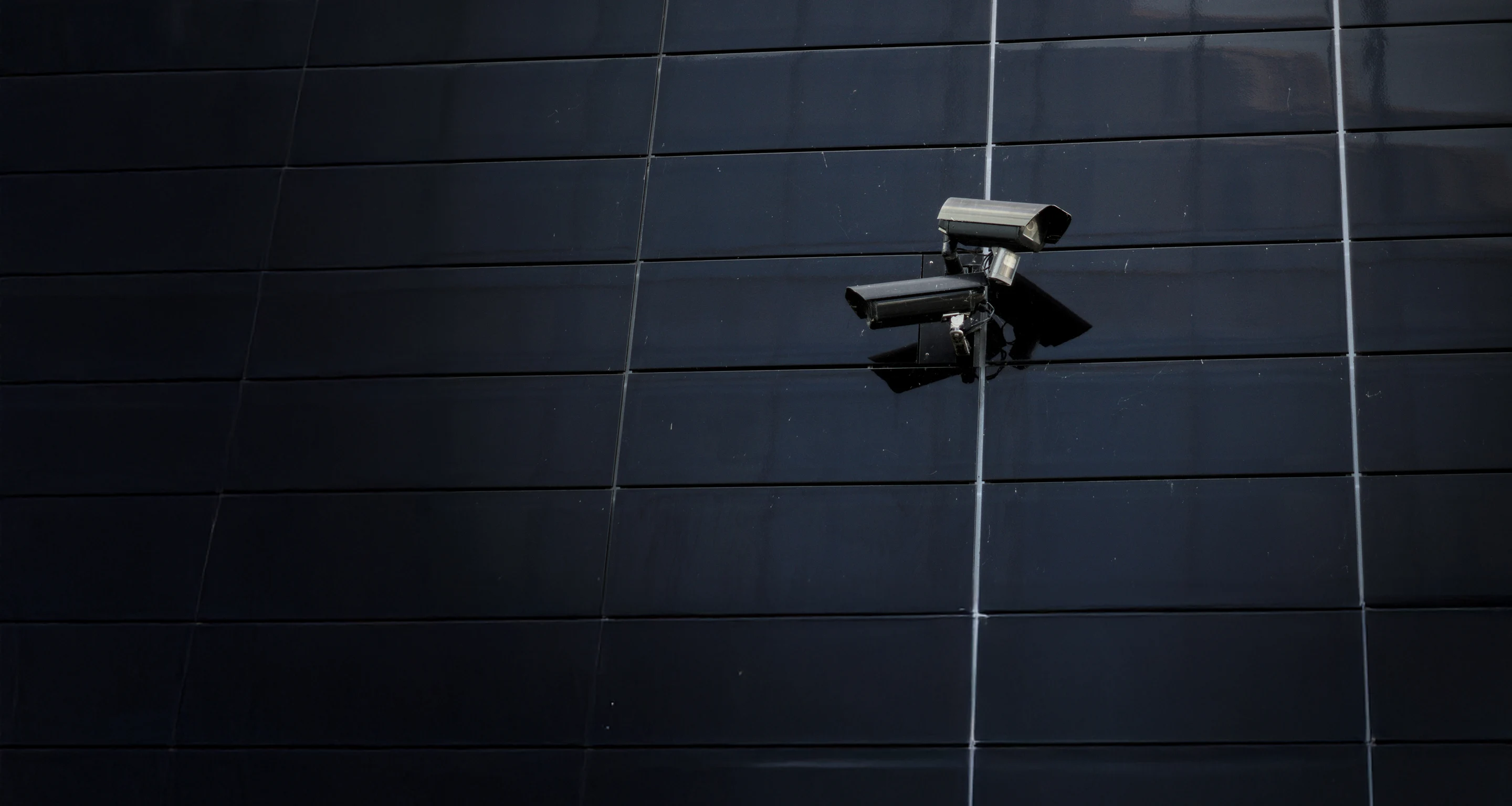 Two security cameras mounted on a dark tiled exterior wall with their shadows visible.